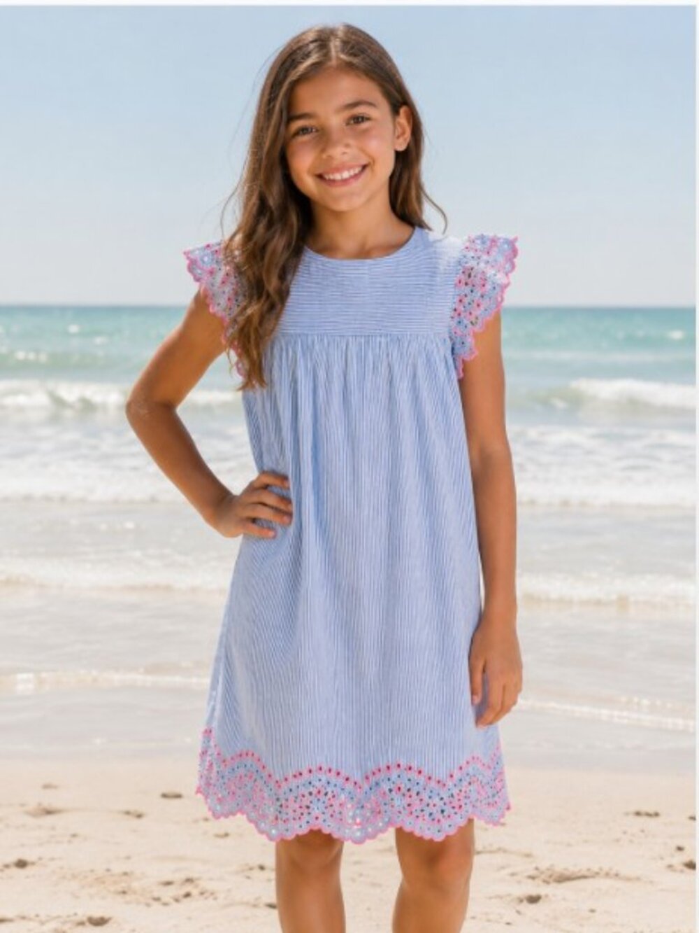 Vineyard Vines blue and white striped dress with pink embroidery eyelet design 8 - Picture 1 of 6